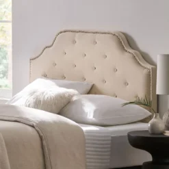 Contemporary Upholstered Headboard With Button Tufted Diamond Stitch & Nailhead Accents, Queen/Full Size Headboard -Christopher Knight Home -Living Furniture GUEST 05962bae 9880 497a be80 f0c27af06133
