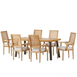 7pc Chatau Farmhouse Fabric Upholstered Wood And Cane Dining Set - Christopher Knight Home -Living Furniture GUEST 0c1d47a8 0a60 4947 ba10 89b2ab7ab439