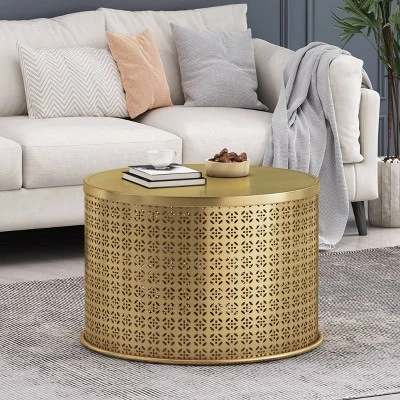 Noxon Boho Lace Cut Iron Coffee Table Gold Brushed Brown - Christopher Knight Home: Pedestal Base, No Assembly Required 1 Noxon Boho Lace Cut Iron Coffee Table Gold Brushed Brown - Christopher Knight Home: Pedestal Base, No Assembly Required