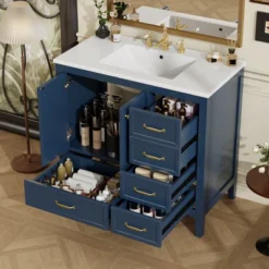 Christopher Knight Home Bathroom Vanity With Ceramic Sink, Bathroom Cabinet With Soft-Closing Door, Drawers Of Different Sizes, Solid Wood Frame & Leg