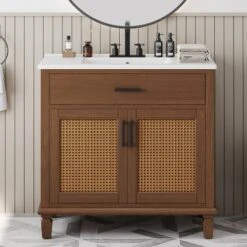 Christopher Knight Home Behram Modern 36" Rattan And Wood Bathroom Vanity With Ceramic Sink And 3 Drawers -Living Furniture GUEST 17ad3fd7 64f5 4134 bbee c51da50c5310