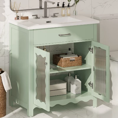 Christopher Knight Home Wiro Modern 31" Bathroom Vanity With Ceramic Sink, Tempered Glass Doors And Adjustable Shelves 1 Christopher Knight Home Wiro Modern 31" Bathroom Vanity With Ceramic Sink, Tempered Glass Doors And Adjustable Shelves