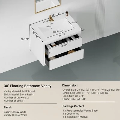 Christopher Knight Home Marshall Wall-Mounted White Bathroom Vanity With Stone Resin Sink And Two Drawers 2 Christopher Knight Home Marshall Wall-Mounted White Bathroom Vanity With Stone Resin Sink And Two Drawers - Image 2