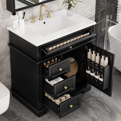 Christopher Knight Home Alonzo Modern 30" Bathroom Vanity With Ceramic Sink, One Shelf And Four Drawers 1 Christopher Knight Home Alonzo Modern 30" Bathroom Vanity With Ceramic Sink, One Shelf And Four Drawers