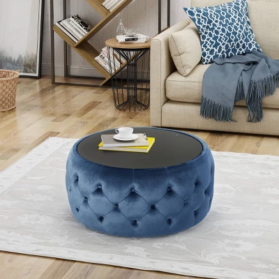 Chana Glam Coffee Table Ottoman Blue - Christopher Knight Home: Velvet, Tempered Glass, Luxury Living Room Furniture 3 Chana Glam Coffee Table Ottoman Blue - Christopher Knight Home: Velvet, Tempered Glass, Luxury Living Room Furniture - Image 3