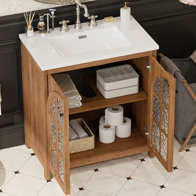 Christopher Knight Home Richter Vintage 31" Bathroom Vanity With Ceramic Sink, Tempered Glass Doors And Adjustable Shelves 1 Christopher Knight Home Richter Vintage 31" Bathroom Vanity With Ceramic Sink, Tempered Glass Doors And Adjustable Shelves