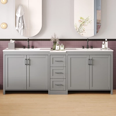 Christopher Knight Home Lucian Modern 84" Double-Sink Bathroom Vanity With Ceramic Sinks, 3 Drawers And Adjustable Shelves 7 Christopher Knight Home Lucian Modern 84" Double-Sink Bathroom Vanity With Ceramic Sinks, 3 Drawers And Adjustable Shelves - Image 7