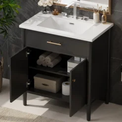 Christopher Knight Home Kachina Modern 31" Bathroom Vanity With Ceramic Sink, 2 Doors And Adjustable Shelf