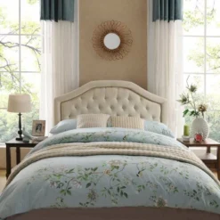 Contemporary Camelback Upholstered Headboard Full/Queen Size With Button Tufted Diamond Stitch & Nailhead Accents -Christopher Knight Home -Living Furniture GUEST 3b0ef915 ad5b 4027 a182 9d24f9c359e8