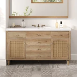 Christopher Knight Home Emilie 60" Modern Bathroom Vanity With SMC Sink, 5 Drawers And 2 Rattan Doors -Living Furniture GUEST 3dd6c229 adee 41d7 aa60 62c032444e1c