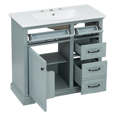 36"W Bathroom Vanity With Sink, Bathroom Cabinet With Tip-out Drawers, Storage Drawers, Door Shelf And Soft Closing Door-Christopher Knight Home 9 36"W Bathroom Vanity With Sink, Bathroom Cabinet With Tip-out Drawers, Storage Drawers, Door Shelf And Soft Closing Door-Christopher Knight Home - Image 9