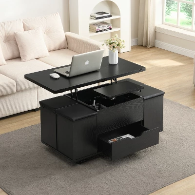 Christopher Knight Home Olia Modern Multi-Functional Lift-Top Coffee Table With Hidden Storage, 4 Stools And Lockable Wheels 2 Christopher Knight Home Olia Modern Multi-Functional Lift-Top Coffee Table With Hidden Storage, 4 Stools And Lockable Wheels - Image 2