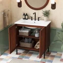 Christopher Knight Home Raja 30" Contemporary Vintage Bathroom Vanity With Ceramic Sink And Fence Door, Dark Brown