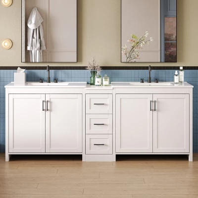 Christopher Knight Home Lucian Modern 84" Double-Sink Bathroom Vanity With Ceramic Sinks, 3 Drawers And Adjustable Shelves 8 Christopher Knight Home Lucian Modern 84" Double-Sink Bathroom Vanity With Ceramic Sinks, 3 Drawers And Adjustable Shelves - Image 8