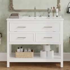Christopher Knight Home Lowell Contemporary 36" Bathroom Vanity With Ceramic Sink, Tip-Out Tray, 2 Drawers And Open Shelf -Living Furniture GUEST 4581c625 107f 4eb0 b119 baafdbe70db9