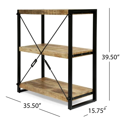 Brinkley Modern Industrial Handcrafted 3 Shelf Mango Wood Shelving Unit Natural/Black - Christopher Knight Home 9 Brinkley Modern Industrial Handcrafted 3 Shelf Mango Wood Shelving Unit Natural/Black - Christopher Knight Home - Image 9