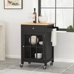 Maynard Contemporary Glass Paneled Kitchen Cart Natural/Black - Christopher Knight Home