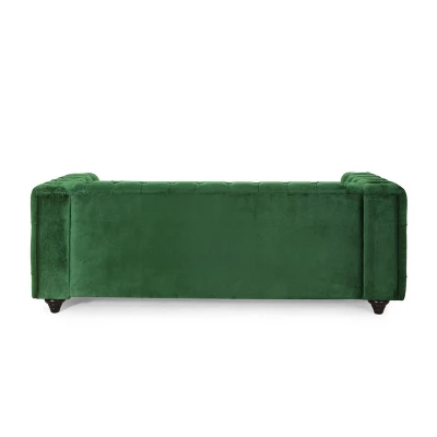 Sagewood Contemporary Velvet Tufted 3 Seater Sofa Emerald/Espresso - Christopher Knight Home 5 Sagewood Contemporary Velvet Tufted 3 Seater Sofa Emerald/Espresso - Christopher Knight Home - Image 5