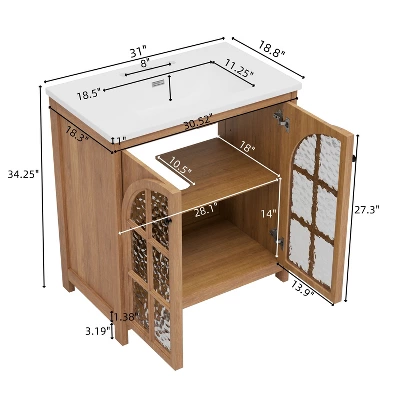 Christopher Knight Home Richter Vintage 31" Bathroom Vanity With Ceramic Sink, Tempered Glass Doors And Adjustable Shelves 2 Christopher Knight Home Richter Vintage 31" Bathroom Vanity With Ceramic Sink, Tempered Glass Doors And Adjustable Shelves - Image 2