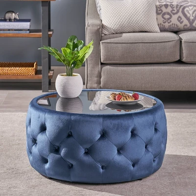 Chana Glam Coffee Table Ottoman Blue - Christopher Knight Home: Velvet, Tempered Glass, Luxury Living Room Furniture 1 Chana Glam Coffee Table Ottoman Blue - Christopher Knight Home: Velvet, Tempered Glass, Luxury Living Room Furniture