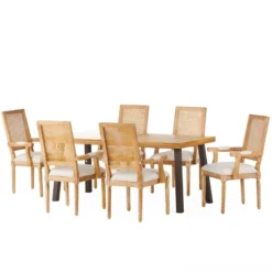 7pc Chatau Farmhouse Fabric Upholstered Wood And Cane Dining Set - Christopher Knight Home -Living Furniture GUEST 7583eeb0 54f9 4b3b a8bc e7d6098bf326