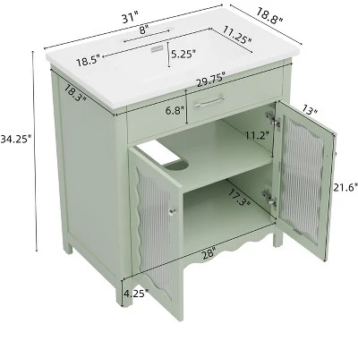 Christopher Knight Home Wiro Modern 31" Bathroom Vanity With Ceramic Sink, Tempered Glass Doors And Adjustable Shelves 2 Christopher Knight Home Wiro Modern 31" Bathroom Vanity With Ceramic Sink, Tempered Glass Doors And Adjustable Shelves - Image 2