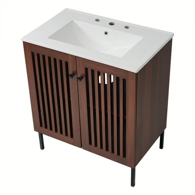 Christopher Knight Home Raja 30" Contemporary Vintage Bathroom Vanity With Ceramic Sink And Fence Door, Dark Brown 5 Christopher Knight Home Raja 30" Contemporary Vintage Bathroom Vanity With Ceramic Sink And Fence Door, Dark Brown - Image 5