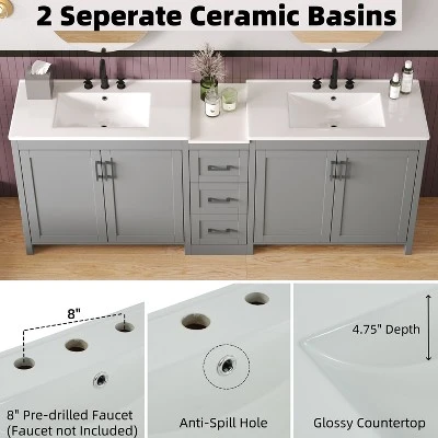 Christopher Knight Home Lucian Modern 84" Double-Sink Bathroom Vanity With Ceramic Sinks, 3 Drawers And Adjustable Shelves 6 Christopher Knight Home Lucian Modern 84" Double-Sink Bathroom Vanity With Ceramic Sinks, 3 Drawers And Adjustable Shelves - Image 6