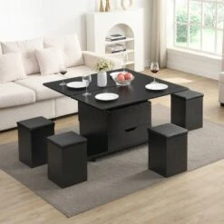 Christopher Knight Home Olia Modern Multi-Functional Lift-Top Coffee Table With Hidden Storage, 4 Stools And Lockable Wheels