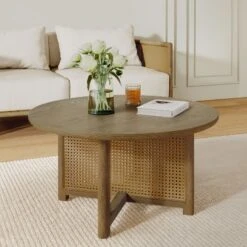 Christopher Knight Home Nova Farmhouse Rattan Rubberwood Round Coffee Table With Criss Cross Design -Living Furniture GUEST 98f959ac 9ea3 45cb a00b 7321ca4a8602