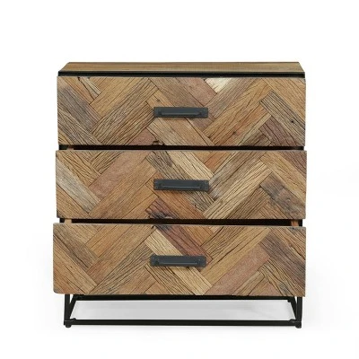 Burdine Handcrafted Boho Wood 3 Drawer Cabinet Natural/Black - Christopher Knight Home 3 Burdine Handcrafted Boho Wood 3 Drawer Cabinet Natural/Black - Christopher Knight Home - Image 3