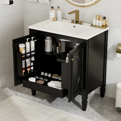 30"W Vintage Bathroom Vanity With Sink, Bathroom Cabinet With Adjustable Shelf, Drawer, Door Shelves And Soft Closing Door-Christopher Knight Home 1 30"W Vintage Bathroom Vanity With Sink, Bathroom Cabinet With Adjustable Shelf, Drawer, Door Shelves And Soft Closing Door-Christopher Knight Home