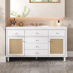 Christopher Knight Home Emilie 60" Modern Bathroom Vanity With SMC Sink, 5 Drawers And 2 Rattan Doors -Living Furniture GUEST 9d802f59 b4e0 486b b937 d8c3386e94d1