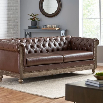 Castalia Chesterfield Tufted 3 Seater Sofa With Nailhead Trim Dark Brown/Natural - Christopher Knight Home 1 Castalia Chesterfield Tufted 3 Seater Sofa With Nailhead Trim Dark Brown/Natural - Christopher Knight Home