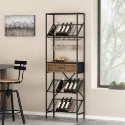 Boster Boho Industrial 21 Bottle Floor Wine Rack With Storage Natural/Black - Christopher Knight Home