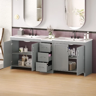 Christopher Knight Home Lucian Modern 84" Double-Sink Bathroom Vanity With Ceramic Sinks, 3 Drawers And Adjustable Shelves 1 Christopher Knight Home Lucian Modern 84" Double-Sink Bathroom Vanity With Ceramic Sinks, 3 Drawers And Adjustable Shelves