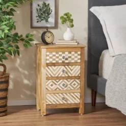 Sandia Handcrafted Boho 4 Drawer Mango Wood Nightstand Natural/White - Christopher Knight Home