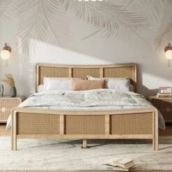 Christopher Knight Home Odila Boho Wood Platform Bed With Rattan Curved Adjustable Height Headboard