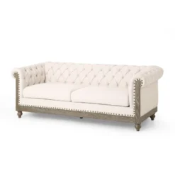 79"W 3-Seat Sofa Couch, Retro Wooden Upholstered Tufted Sofa -Christopher Knight Home -Living Furniture GUEST ab55a910 7b5a 4275 bdce 3f74ff19332a