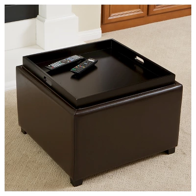Wellington Leather Tray Top Storage Ottoman Brown - Christopher Knight Home: Footstool, Hardwood Frame 3 Wellington Leather Tray Top Storage Ottoman Brown - Christopher Knight Home: Footstool, Hardwood Frame - Image 3