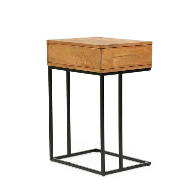 Gaudet Modern Industrial Handmade Mango Wood C Shaped Side Table With Drawer Natural/Black - Christopher Knight Home 2 Gaudet Modern Industrial Handmade Mango Wood C Shaped Side Table With Drawer Natural/Black - Christopher Knight Home - Image 2