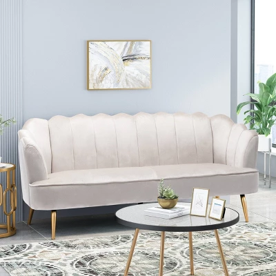 Reitz Modern Glam Velvet Channel Stitch 3 Seater Shell Sofa - Christopher Knight Home 1 Reitz Modern Glam Velvet Channel Stitch 3 Seater Shell Sofa - Christopher Knight Home