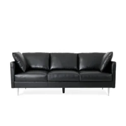 Brockbank Modern Faux Leather 3 Seater Sofa With Pillows - Christopher Knight Home -Living Furniture GUEST bacf503a 0239 4592 b703 0eaae22103d7