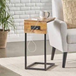 Oceola Modern Industrial Handcrafted Mango Wood C Shaped Side Table With Charging Port Natural/Black - Christopher Knight Home