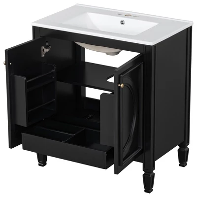 30"W Vintage Bathroom Vanity With Sink, Bathroom Cabinet With Adjustable Shelf, Drawer, Door Shelves And Soft Closing Door-Christopher Knight Home 11 30"W Vintage Bathroom Vanity With Sink, Bathroom Cabinet With Adjustable Shelf, Drawer, Door Shelves And Soft Closing Door-Christopher Knight Home - Image 11