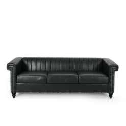 Drury Contemporary Channel Stitch 3 Seater Sofa With Nailhead Trim - Christopher Knight Home -Living Furniture GUEST c76fd34a 71d9 4417 886c c1578ecad0e3