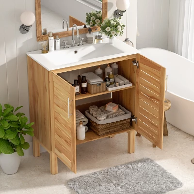 Christopher Knight Home Ramona 30" Mid-Century Modern Bathroom Vanity With Ceramic Sink, Antique Natural 1 Christopher Knight Home Ramona 30" Mid-Century Modern Bathroom Vanity With Ceramic Sink, Antique Natural