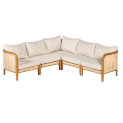 Christopher Knight Home Tighnari Boho Outdoor 5-Seater Rattan Acacia Wood V-Shaped Sectional Sofa With Cushions