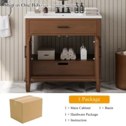 Christopher Knight Home Behram Modern 36" Rattan And Wood Bathroom Vanity With Ceramic Sink And 3 Drawers -Living Furniture GUEST cae22245 b02c 40d3 8788 a152cb3f220c
