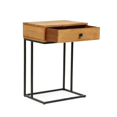 Gaudet Modern Industrial Handmade Mango Wood C Shaped Side Table With Drawer Natural/Black - Christopher Knight Home 1 Gaudet Modern Industrial Handmade Mango Wood C Shaped Side Table With Drawer Natural/Black - Christopher Knight Home